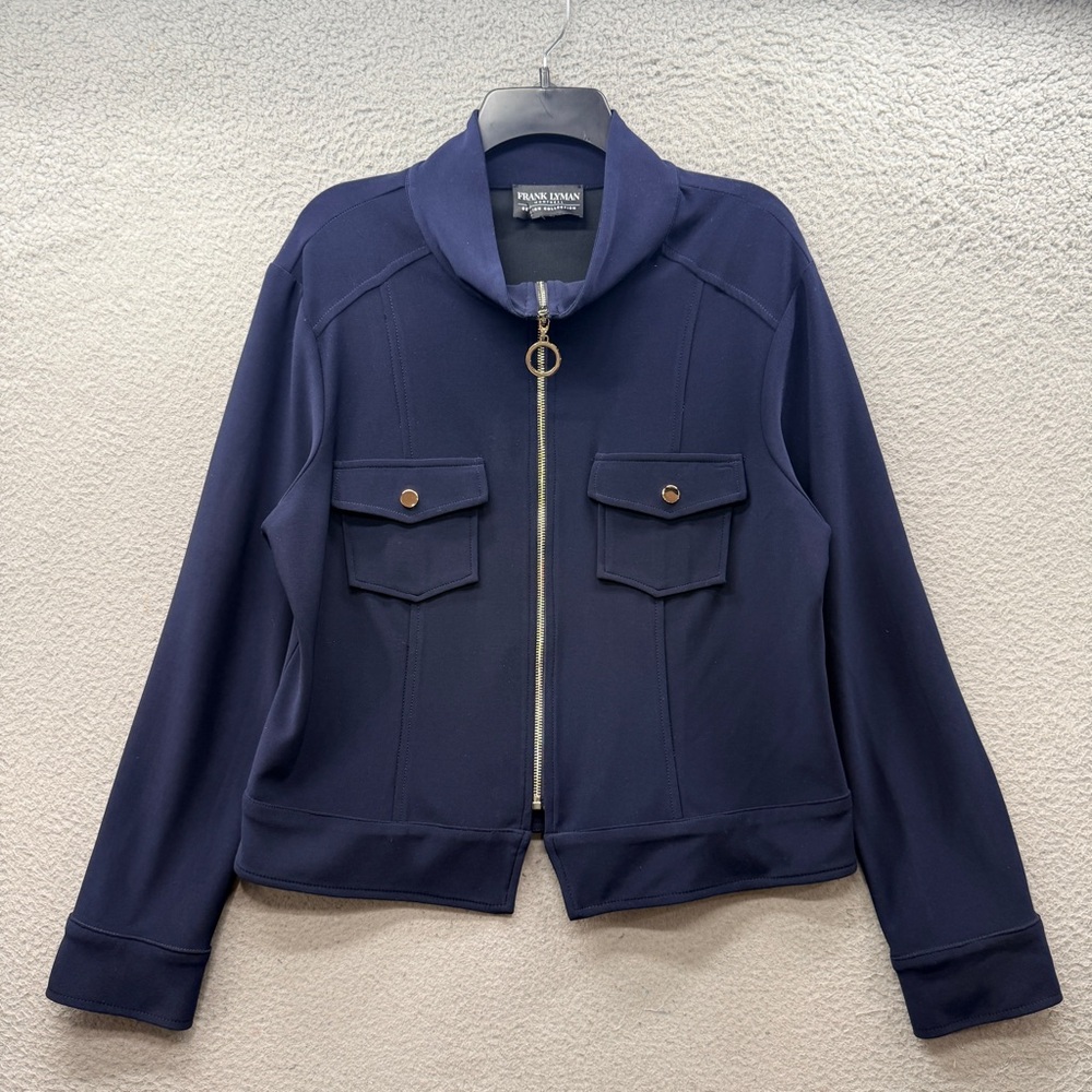 Frank Lyman Navy Blue Zipper Up Bomber Jacket Front Button Pockets Career Casual